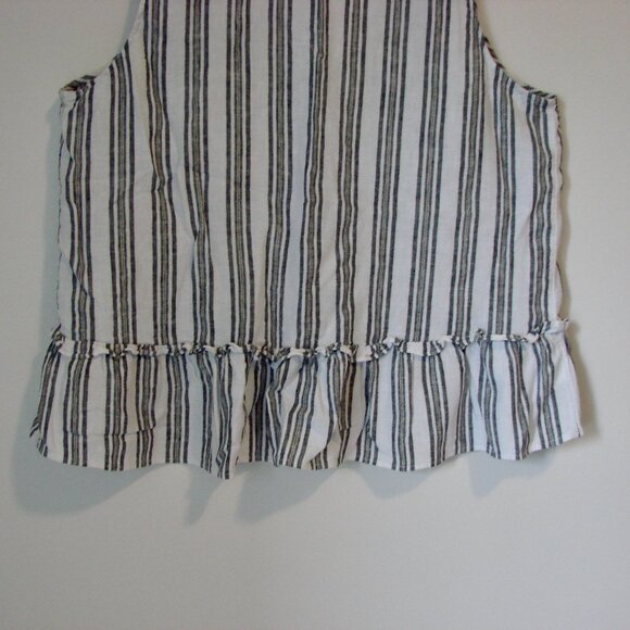 Linen Striped Sleeveless Top Blue White Gold Lurex Ruffle Hem Flowy Large Petite - Picture 11 of 11